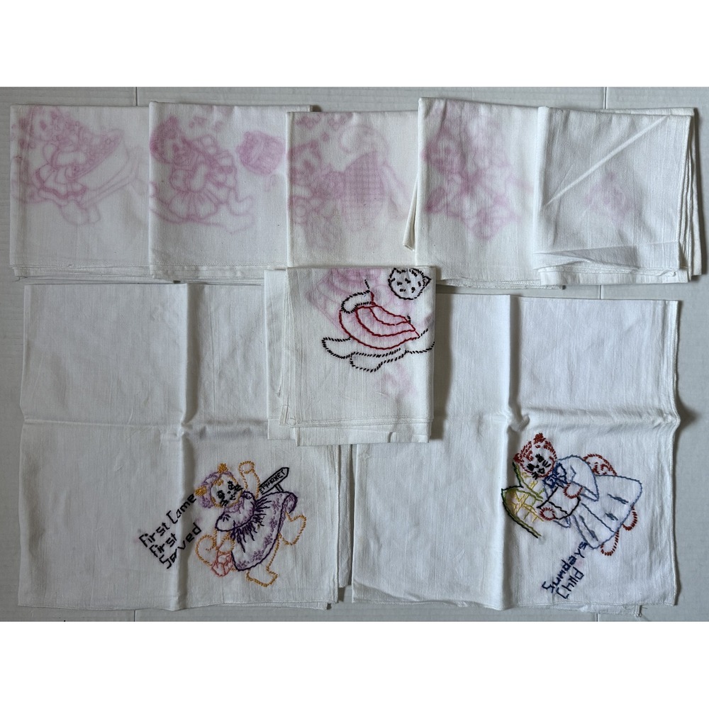 8 Vintage Cat Hand‎ Embroidered Flour Sack Towels - Project to Complete!